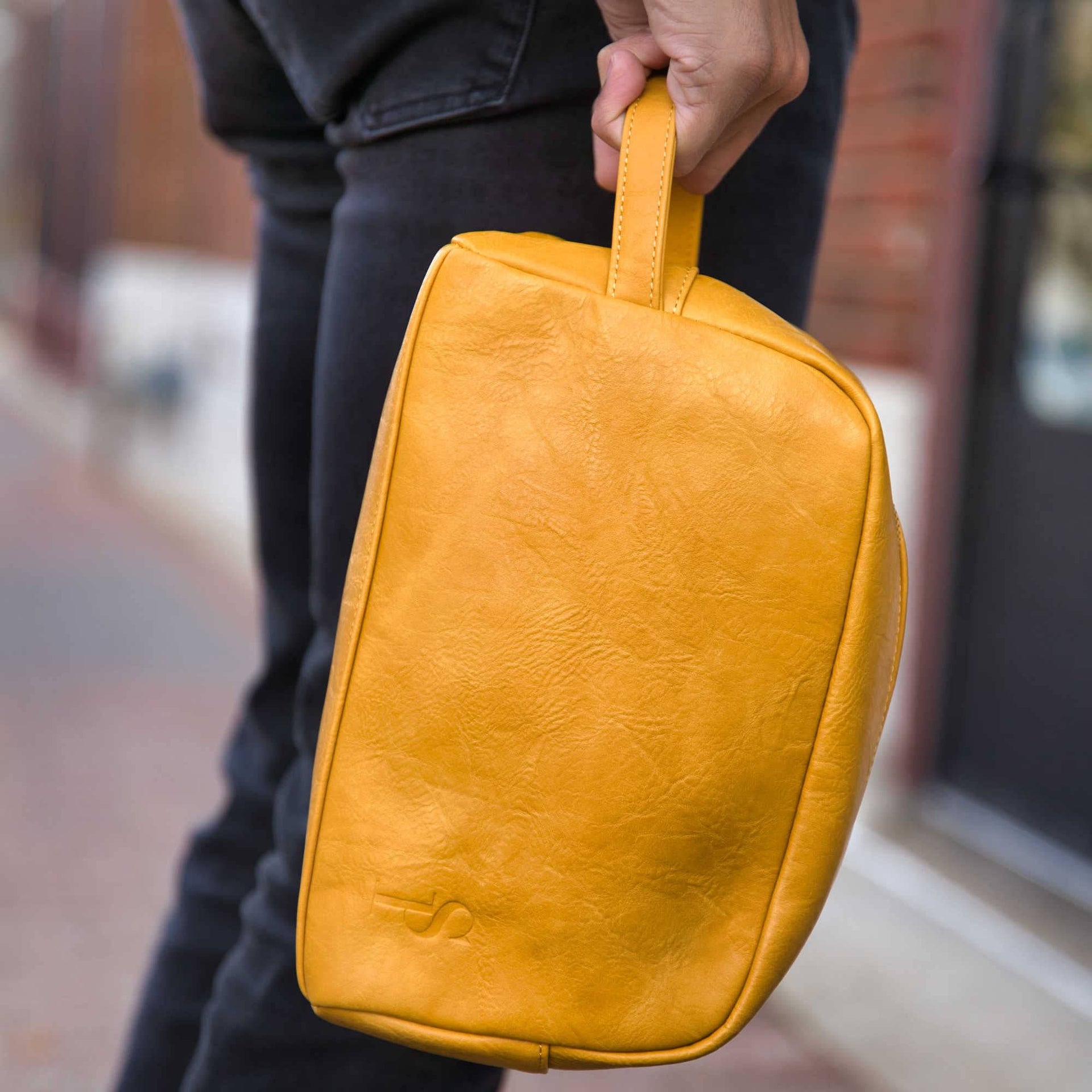buy mens travel toiletry bag color neon yellow Premium Leather Toiletry Bag - Yellow - Waterproof