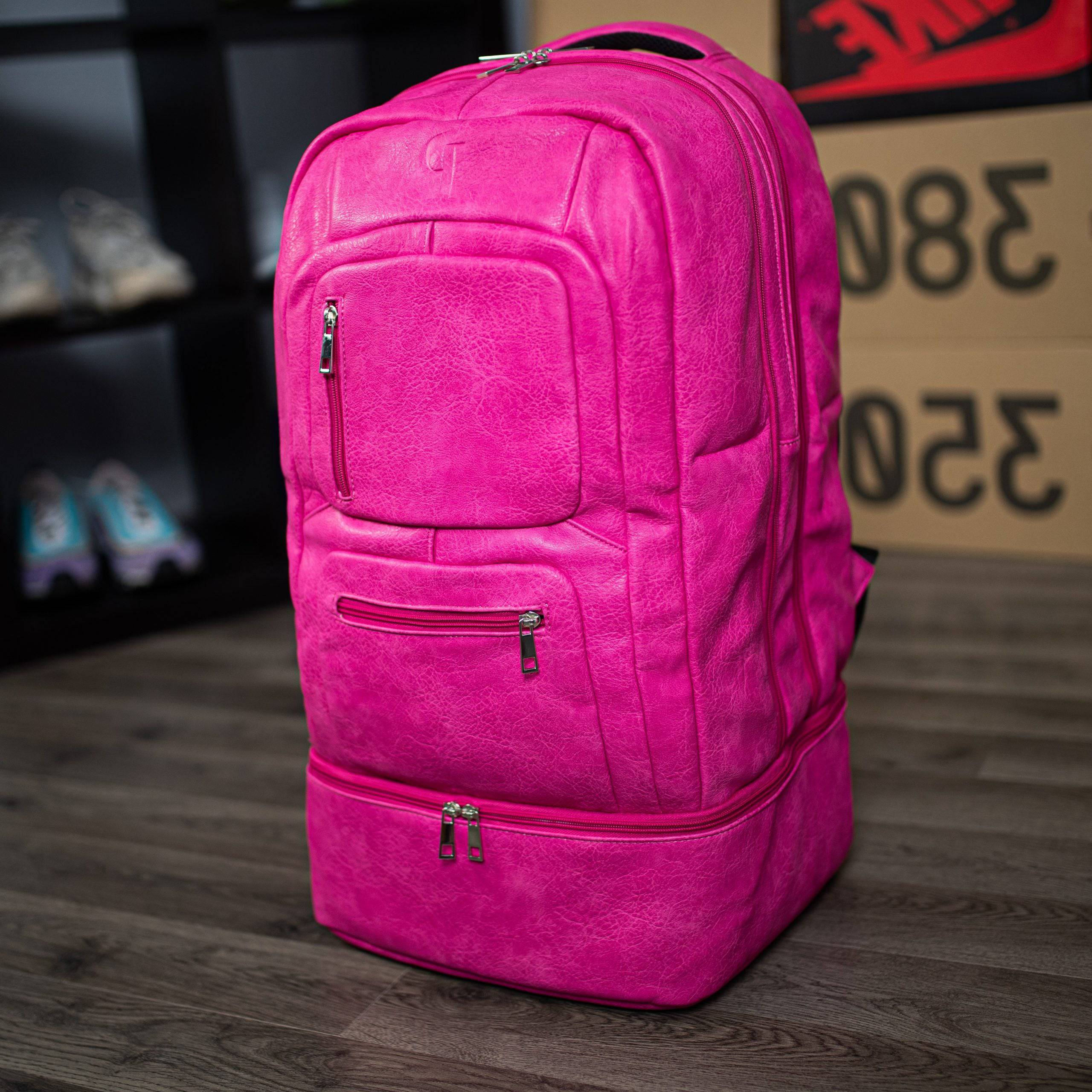 Pink Leather Luxury Carry On Backpack Patented Signature Design