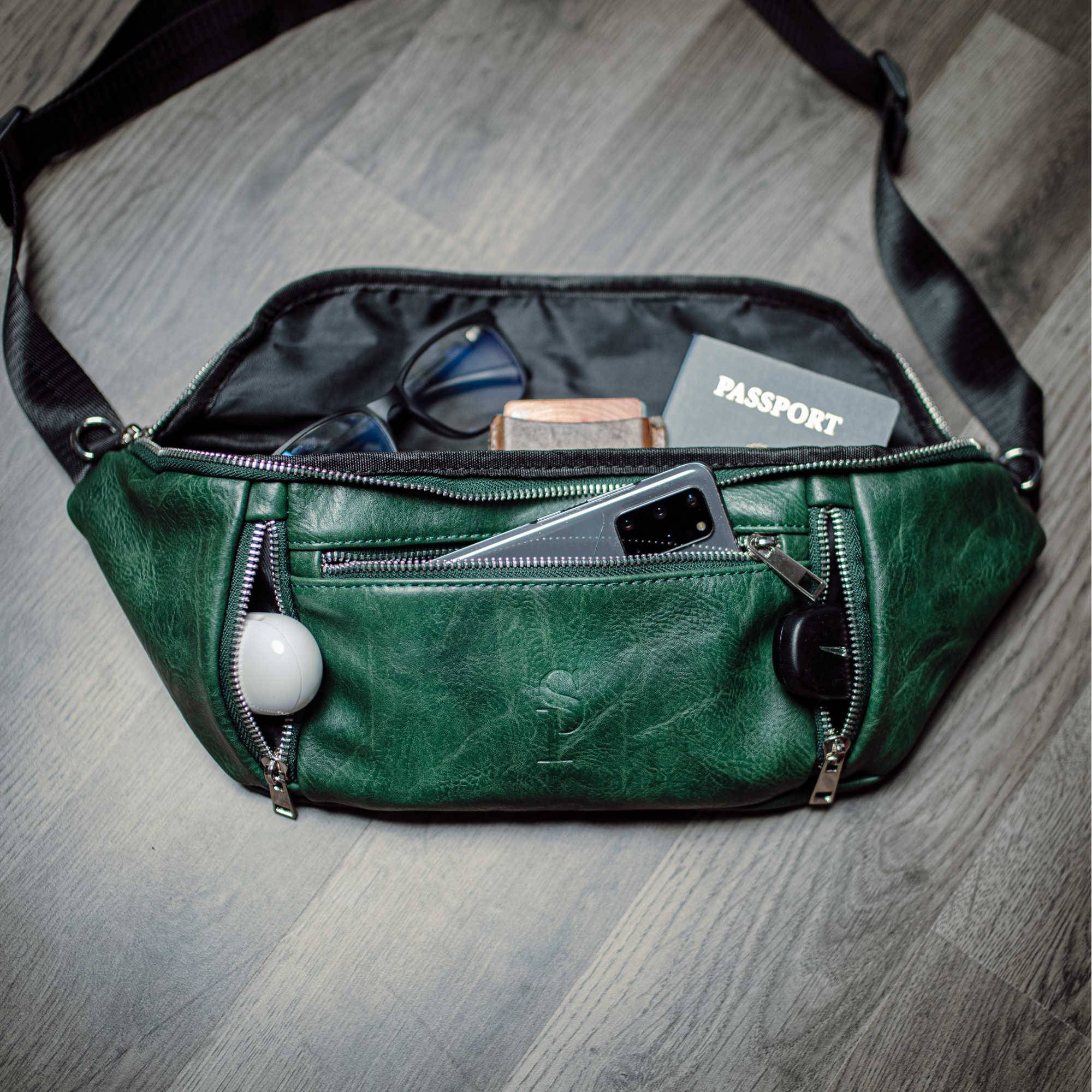 Emerald Green Leather Cross Body Waist Bag