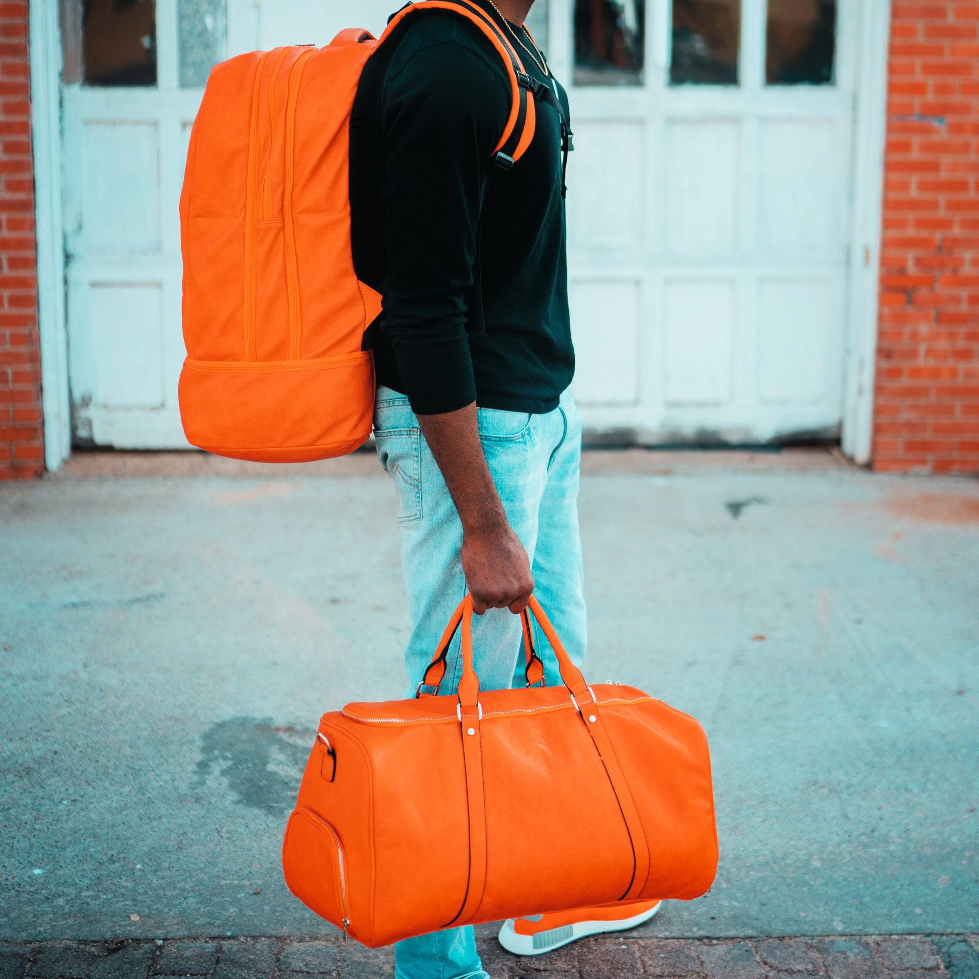 Orange Tumbled Leather Bag Set Signature and Duffle