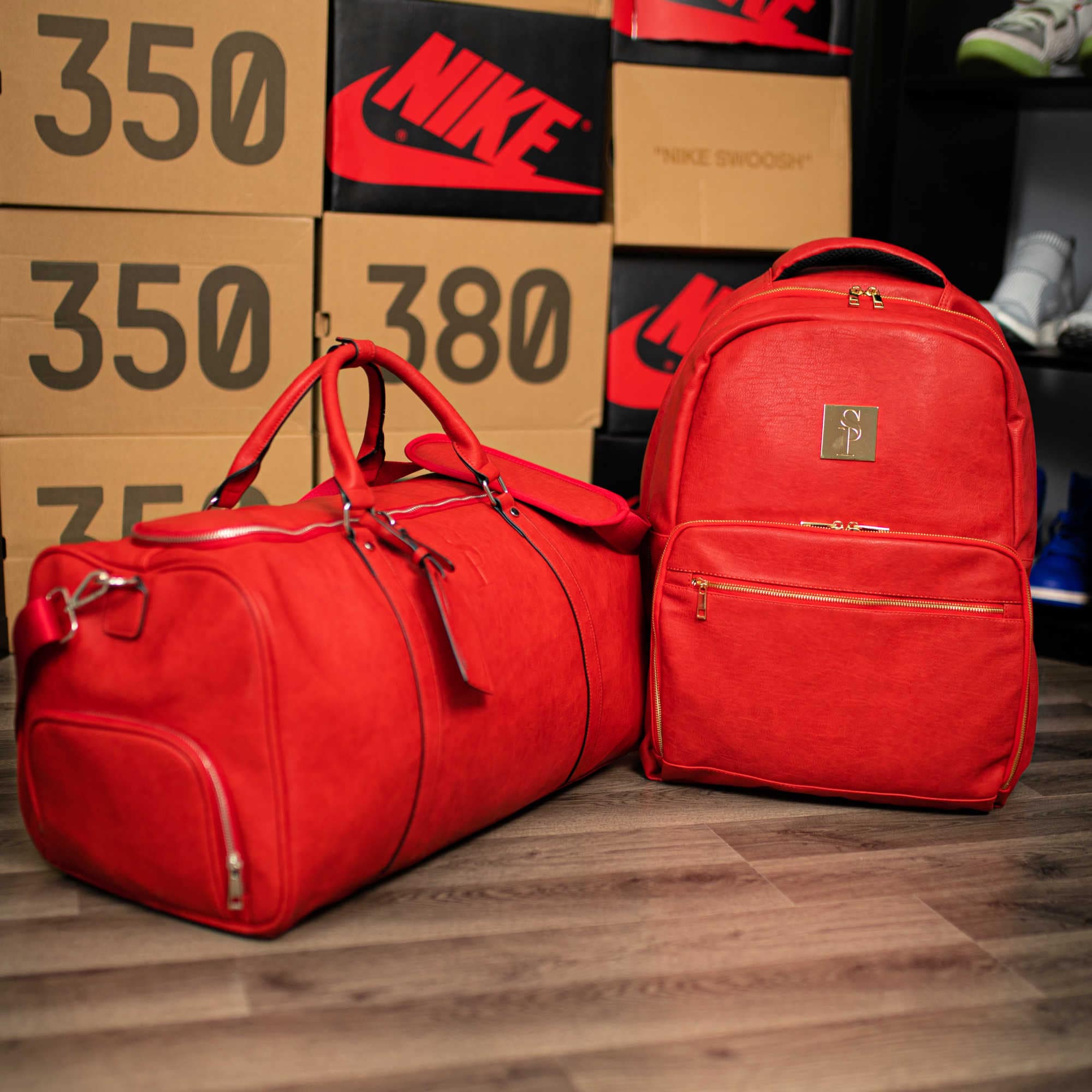 Red Tumbled Leather 2 Bag Set (Commuter and Duffle) - Sole Premise