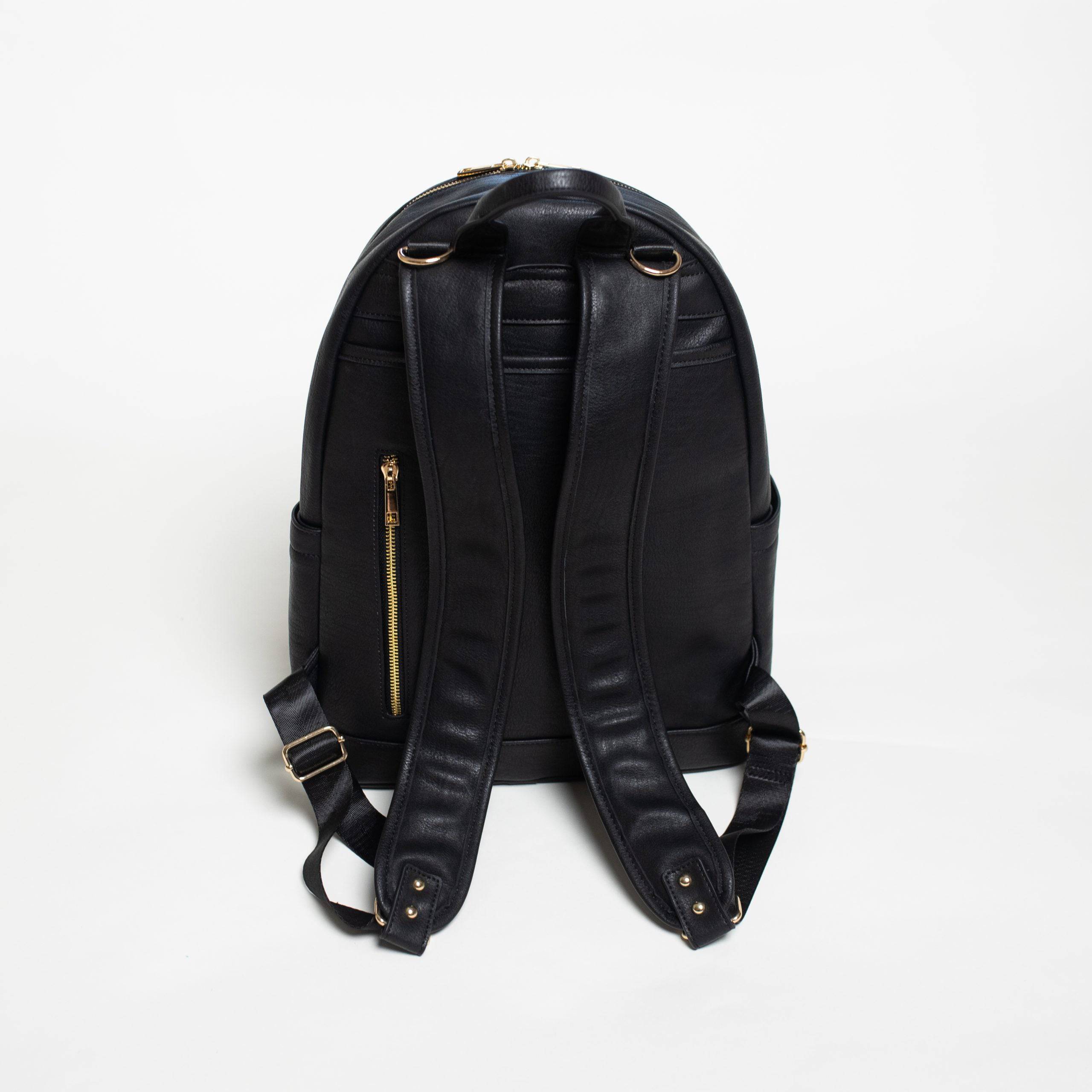 Black leather backpack with gold zippers hot sale